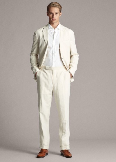 Pantalones De Traje Ralph Lauren Hombre Creme - Gregory Twill - TJWAS4620